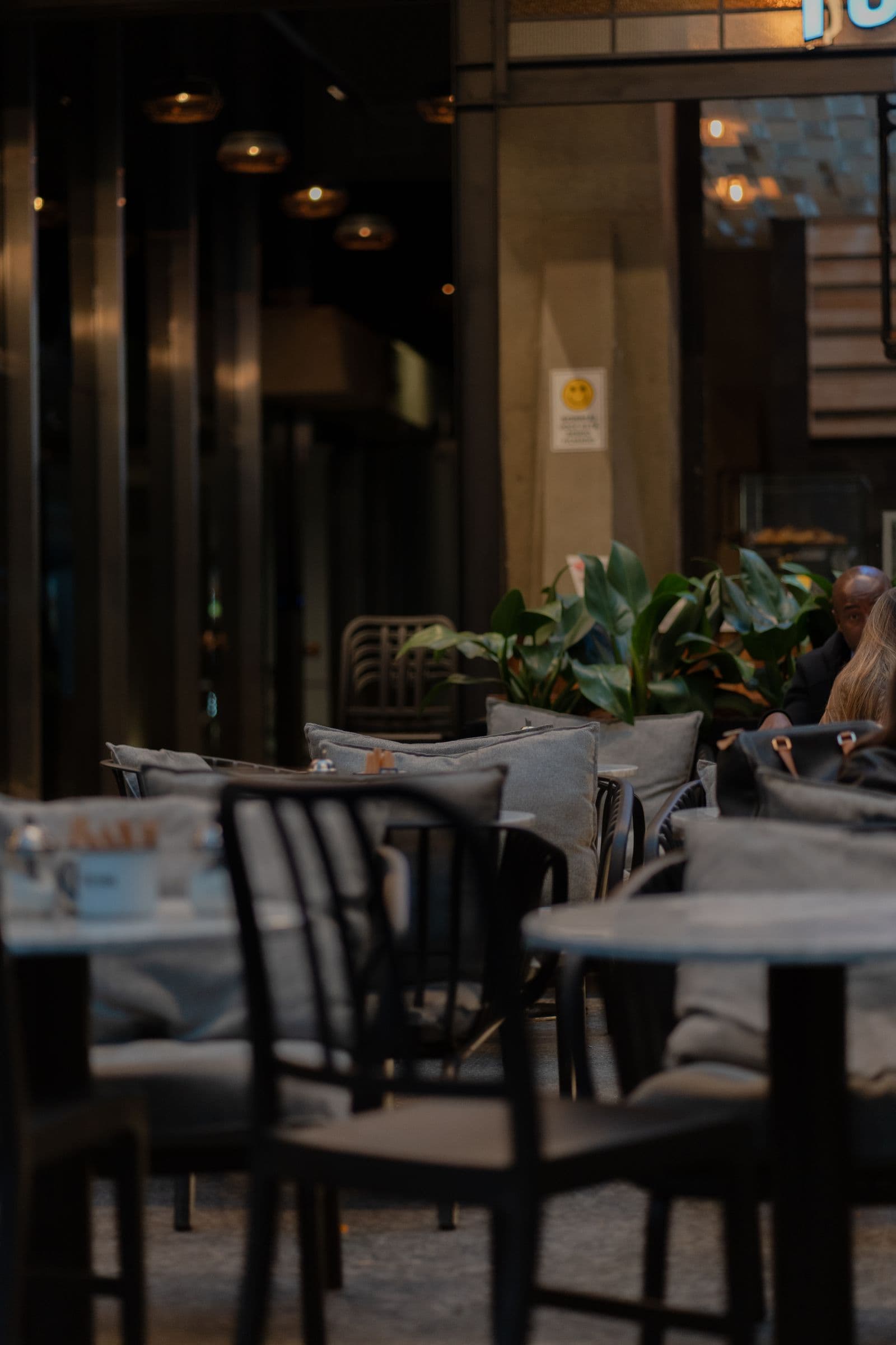 A dim, empty cafe interior