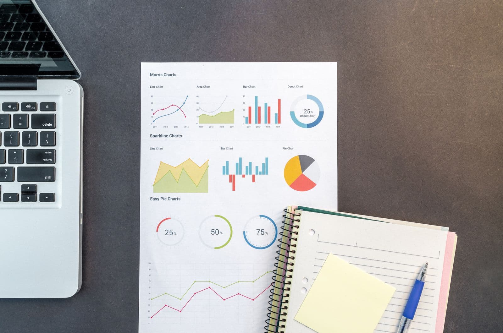 Printed charts and a notebook on a desk